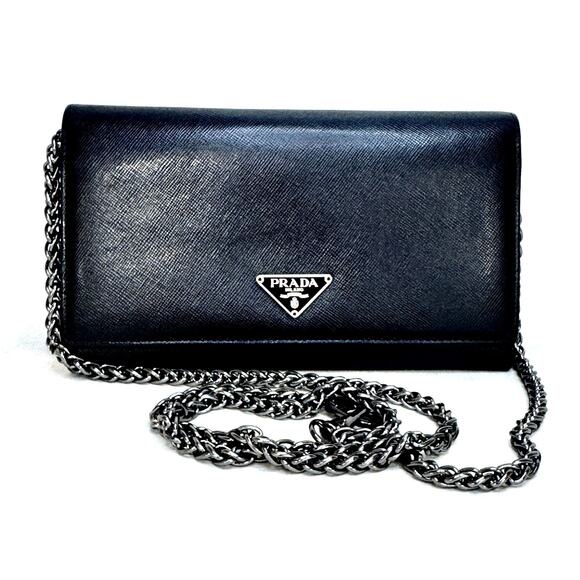 Prada Saffiano Black Leather Flap Continental Long Wallet with Chain - Picture 1 of 11